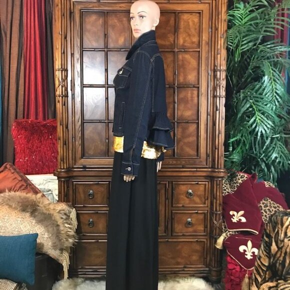 NWOT Du Jour Dark Wash Curved Ruffle Back Stretch Cotton Blend Denim Jacket - Picture 5 of 14